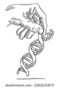 Hand-drawn vector drawing of a Hand Holding a DNA Helix. Black-and-White sketch on a transparent background (.eps-file). Included files are EPS (v10) and Hi-Res JPG.