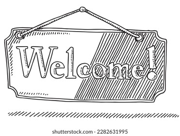 Dibujo vectorial hecho a mano de un signo colgante con el texto "¡Bienvenidos!". Esbozo en blanco y negro sobre un fondo transparente (.eps-file). Los archivos incluidos son EPS (v10) y Hi-Res JPG.