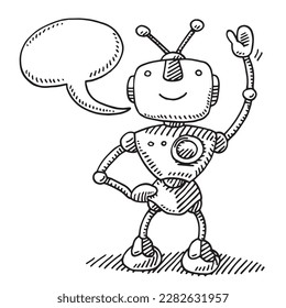 Handgezeichnete Vektorgrafik eines glücklichen Roboters Waving es ist links Hand und eine Speech Bubble. Schwarz-Weiß-Skizze auf transparentem Hintergrund (.eps-file). Einschließlich Dateien sind EPS (v10) und Hi-Res JPG.