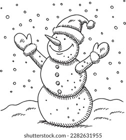 Hand-drawn vector drawing of a happy Snowman. Black-and-White sketch on a transparent background (.eps-file). Included files: EPS (v8) and Hi-Res JPG.