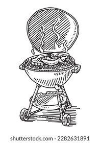 Handgezeichnete Vektorgrafik eines Hot Barbecue Grill mit Steaks und Würstchen. Schwarz-Weiß-Skizze auf transparentem Hintergrund (.eps-file). Einschließlich Dateien sind EPS (v10) und Hi-Res JPG.