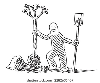 Hand-drawn vector drawing of a Human Figure Planting A Tree. Black-and-White sketch on a transparent background (.eps-file). Included files are EPS (v10) and Hi-Res JPG.