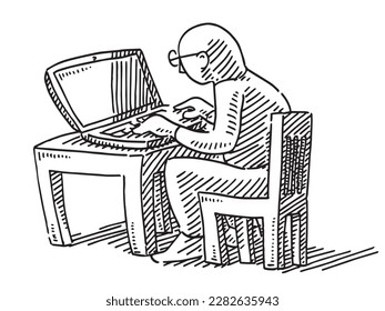 Hand-drawn vector drawing of a Human Figure Working From Home on a Laptop at a Kitchen Table. Black-and-White sketch on a transparent background 