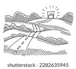 Hand-drawn vector drawing of a Landscape with a hilly Road and a Finishing Line visible, Finish Concept. Black-and-White sketch on a transparent background