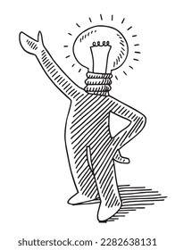 Hand-drawn vector drawing of a Light Bulb Man presenting something, Idea Concept. Black-and-White sketch on a transparent background (.eps-file). Included files are EPS (v10) and Hi-Res JPG.