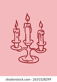 Hand-drawn vector drawing in linear style, sketch. Candle holder with lighted candles on pink background