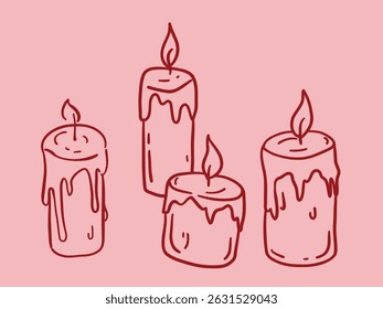 Hand-drawn vector drawing in linear style, sketch. Lighted candles on pink background
