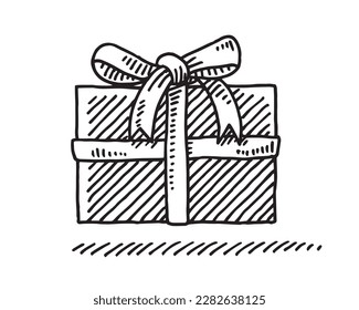 Hand-drawn vector drawing of a Little Gift Box with a Bow and Ribbon, Side View. Black-and-White sketch on a transparent background (.eps-file). Included files are EPS (v10) and Hi-Res JPG.
