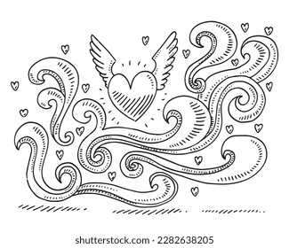 Hand-drawn vector drawing of a Love Heart with Wings and a Swirl Pattern. Black-and-White sketch on a transparent background (.eps-file). Included files are EPS (v10) and Hi-Res JPG.