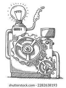 Hand-drawn vector drawing of a Machine with Gears and a Light Bulb, Idea Concept Image. Black-and-White sketch on a transparent background (.eps-file). Included files are EPS (v10) and Hi-Res JPG.