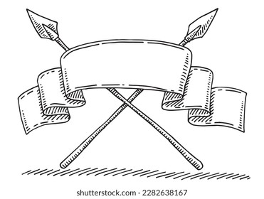Hand-drawn vector drawing of a Medieval Blank Ribbon and Crossed Spears. Black-and-White sketch on a transparent background (.eps-file). Included files are EPS (v10) and Hi-Res JPG.
