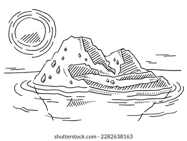 Hand-drawn vector drawing of a Melting Iceberg in the Ocean, the Sun is shining. Black-and-White sketch on a transparent background (.eps-file). Included files are EPS (v10) and Hi-Res JPG.