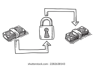 Hand-drawn vector drawing of a Money Transfer Concept with a Padlock and Arrows. Black-and-White sketch on a transparent background (.eps-file). Included files are EPS (v10) and Hi-Res JPG.