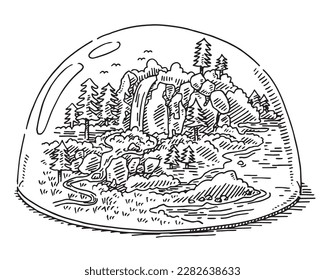 Dibujo vectorial hecho a mano de un concepto de área de protección de la naturaleza. Esbozo en blanco y negro sobre un fondo transparente (.eps-file). Los archivos incluidos son EPS (v10) y Hi-Res JPG.