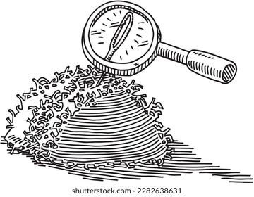 Handgezeichnete Vektorgrafik einer Nadel in einem Haystack-Concept-Bild, Suche der Nadel mit einem Loupe. Schwarz-Weiß-Skizze auf transparentem Hintergrund 