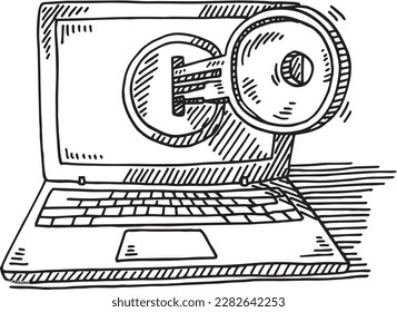 Hand-drawn vector drawing of a Notebook Security Concept with a Lock and Key on the Screen. Black-and-White sketch on a transparent background (.eps-file). Included files are EPS (v10) and Hi-Res JPG.