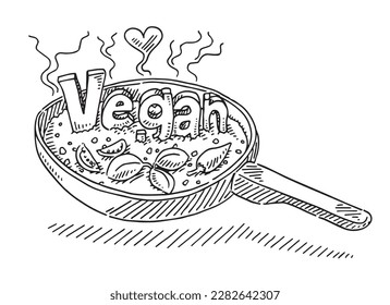 Handgezeichnete Vektorgrafik eines Pan Cooking Vegan Food. Schwarz-Weiß-Skizze auf transparentem Hintergrund (.eps-file). Einschließlich Dateien sind EPS (v10) und Hi-Res JPG.
