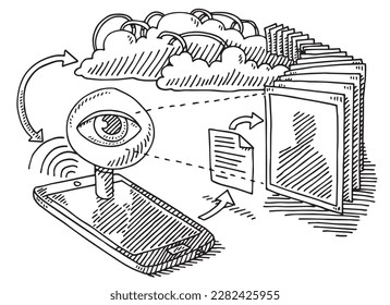 Hand-drawn vector drawing of a Smart Phone Technology Concept about User Identity. Black-and-White sketch on a transparent background (.eps-file). Included files are EPS (v10) and Hi-Res JPG.