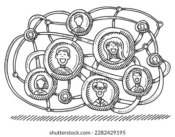 Hand-drawn vector drawing of a Social Network showing the Connection of the People. Black-and-White sketch on a transparent background (.eps-file). Included files are EPS (v10) and Hi-Res JPG.