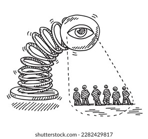 Hand-drawn vector drawing of a Spring with an Eye watching a group of People, Surveillance Concept Image. Black-and-White sketch on a transparent background