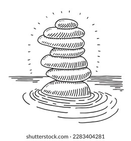 Hand-drawn vector drawing of a Stack Of Zen Stones In Water. Black-and-White sketch on a transparent background (.eps-file). Included files are EPS (v10) and Hi-Res JPG.