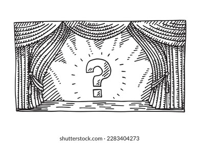 Hand-drawn vector drawing of a Stage with Spotlight on a Question Mark Symbol. Black-and-White sketch on a transparent background (.eps-file). Included files are EPS (v10) and Hi-Res JPG.