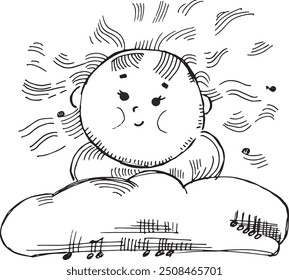 Hand-drawn vector drawing of a Sun  with Clouds. Black-and-White 