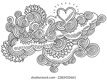 Dibujo de vector dibujado a mano de un corazón de amor giratorio abstracto Doodle. Esbozo en blanco y negro sobre un fondo transparente (.eps-file). Los archivos incluidos son EPS (v10) y Hi-Res JPG.
