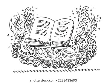 Hand-drawn vector drawing of a Swirl Doodle with an Open Book. Black-and-White sketch on a transparent background (.eps-file). Included files are EPS (v10) and Hi-Res JPG.