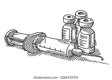 Hand-drawn vector drawing of a Syringe and Vaccination Medicine Bottles. Black-and-White sketch on a transparent background (.eps-file). Included files are EPS (v10) and Hi-Res JPG.