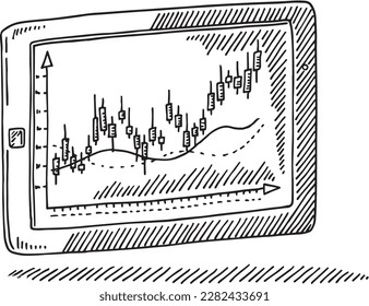 Hand-drawn vector drawing of a Tablet PC with a Candlestick Chart. Black-and-White sketch on a transparent background (.eps-file). Included files are EPS (v10) and Hi-Res JPG.