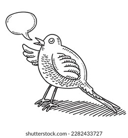 Hand-drawn vector drawing of a Talking Cartoon Bird and a Speech Bubble. Black-and-White sketch on a transparent background (.eps-file). Included files are EPS (v10) and Hi-Res JPG.