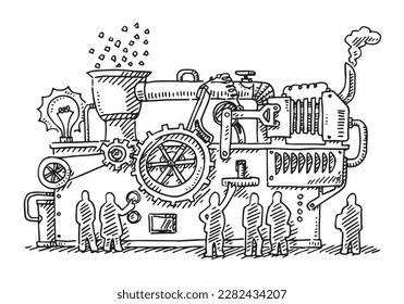 Hand-drawn vector drawing of a Team of Human Figures working at a Big old-fashioned Machine. Black-and-White sketch on a transparent background