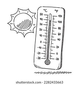 Dibujo vectorial hecho a mano de un termómetro y el Sol, símbolo de calor de verano. Esbozo en blanco y negro sobre un fondo transparente (.eps-file). Los archivos incluidos son EPS (v10) y Hi-Res JPG.