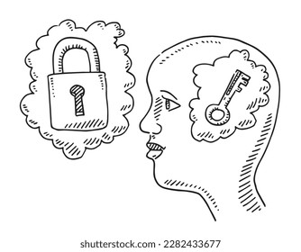 Handgezeichnete Vektorgrafik einer Thinking Person mit Schlüssel und Schloss Konzept. Schwarz-Weiß-Skizze auf transparentem Hintergrund (.eps-file). Einschließlich Dateien sind EPS (v10) und Hi-Res JPG.