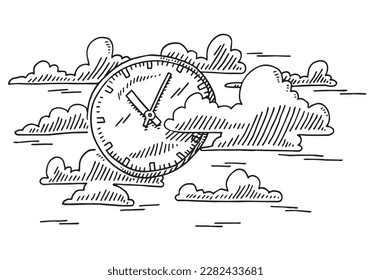 Hand-drawn vector drawing of a Time Flies Concept with a Clock And Clouds in the sky. Black-and-White sketch on a transparent background (.eps-file). Included files are EPS (v10) and Hi-Res JPG.