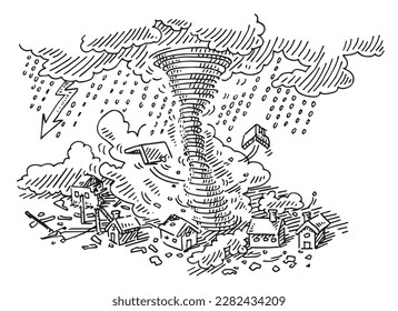 Dibujo de vector hecho a mano de un desastre de Tornado en una pequeña ciudad. Esbozo en blanco y negro sobre un fondo transparente (.eps-file). Los archivos incluidos son EPS (v10) y Hi-Res JPG.