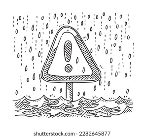 Hand-drawn vector drawing of a Warning Sign, Heavy Rain, Flood. Black-and-White sketch on a transparent background (.eps-file). Included files are EPS (v10) and Hi-Res JPG.