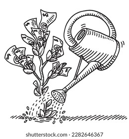 Hand-drawn vector drawing of a Watering Can and a Plant with Dollar Bills, Business Growth Concept. Black-and-White sketch on a transparent background