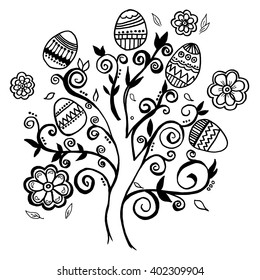 Hand-drawn Vector Easter eggs around tree and design element.