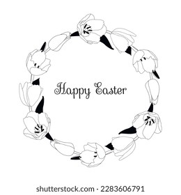 Hand-drawn vector Easter wreath of tulips with leaves