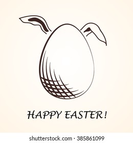Hand-drawn vector egg with bunny ears in thin line style. Logo concept. Easter egg linear illustration for print, web.