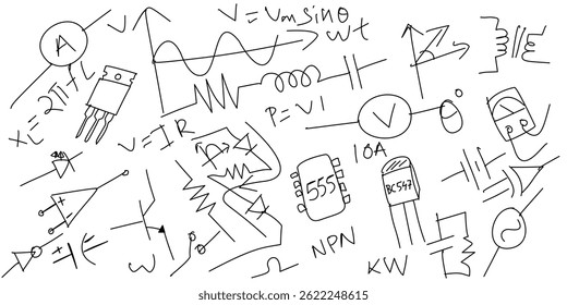 Vector dibujado a mano de símbolos electrónicos, Elementos de circuitos y fórmulas. Garabatos de estilo boceto perfectos para la tecnología, la educación o el diseño de ingeniería.