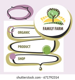 Hand-drawn vector element design corporate identity, poster, banner with logo and text family farm. Concept template logotype with sun, tree and land.