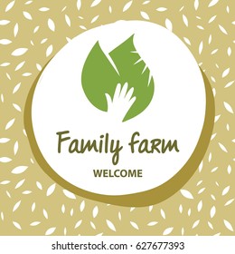 Hand-drawn vector element design for eco vegan family farm and food. Abstract image with green leaf and hand isolated on white
 background. 