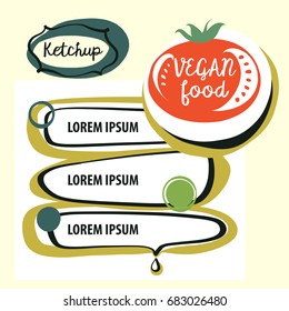 Hand-drawn vector element design poster, banner, corporate identity, logo for vegan healthy food. Concept template logo with image tomato and green leaf for home local farm, market, shop, store.
