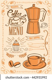 Hand-drawn vector elements for coffee shop menu design. Coffee flyer.Restaurant brochure.