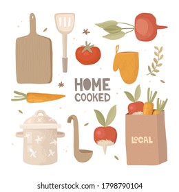 Hand-drawn vector elements. Icons menu design. Tomato, radish, beet, craft bag with vegetables, and the inscription local. Cutting board, saucepan, spoon. Lettering home-cooked. Healthy homemade food.