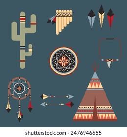 Hand-drawn vector elements in native american style. Teepee tent, dreamcatcher, musical instrument, arrows and feathers. Set of simple shapes illustrations. Collection of icons