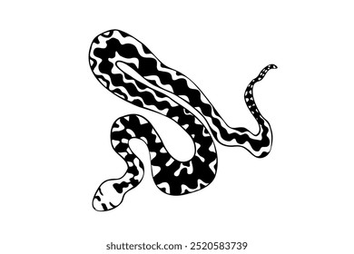 Hand-drawn vector elongated snake silhouette illustration. Black serpent tattoo design isolated on white background. New year of the snake according to the Chinese horoscope.